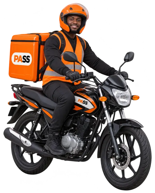 A PASS rider on a black motorbike in an orange helmet and vest, the orange PASS delivery box on his back